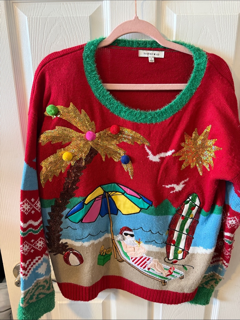 Hooked Up by IOT Red Novelty Beach Christmas Sweater with Green Trim